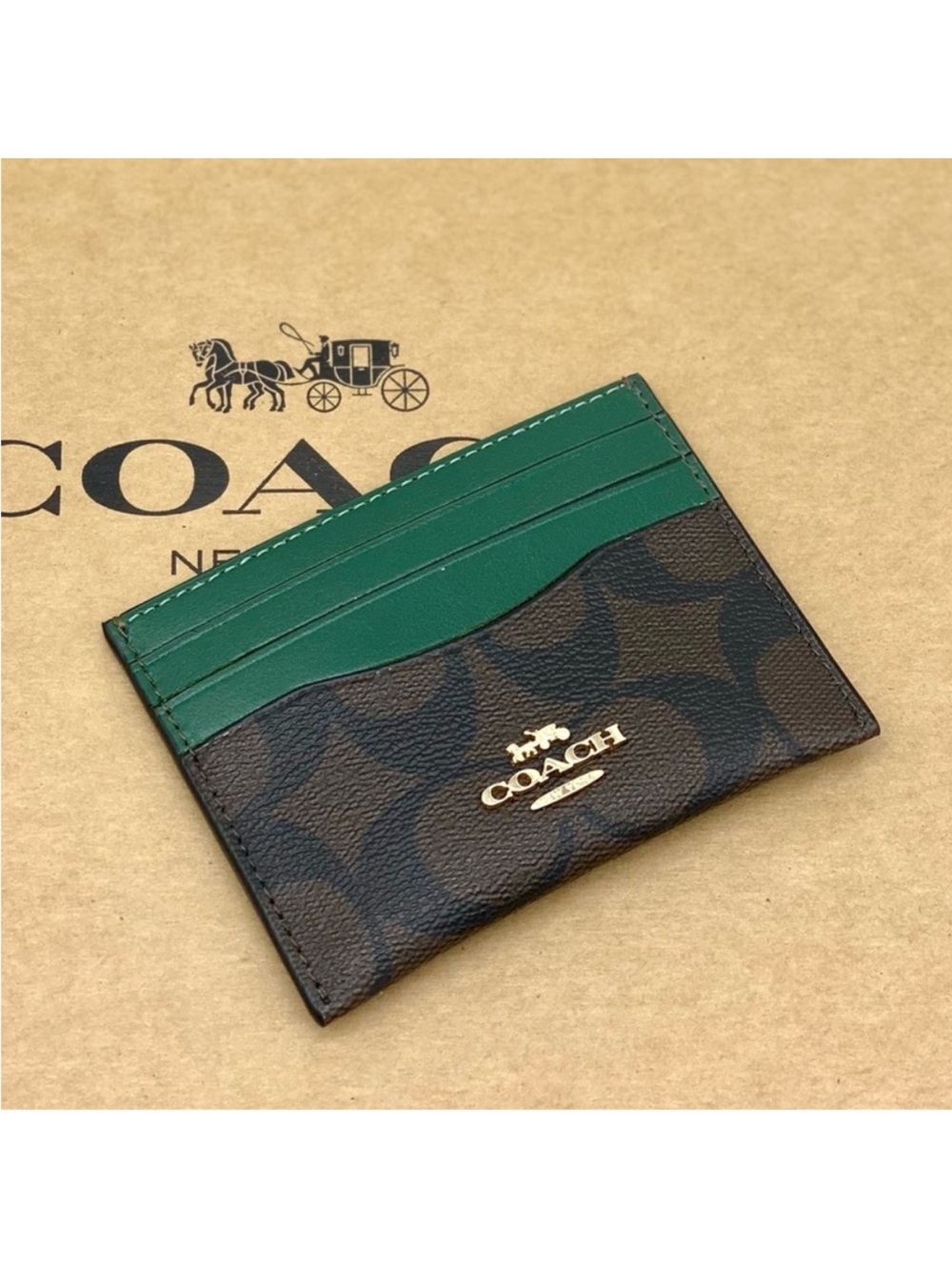 Coach Signature Green and Brown Card Holder Small Wallet